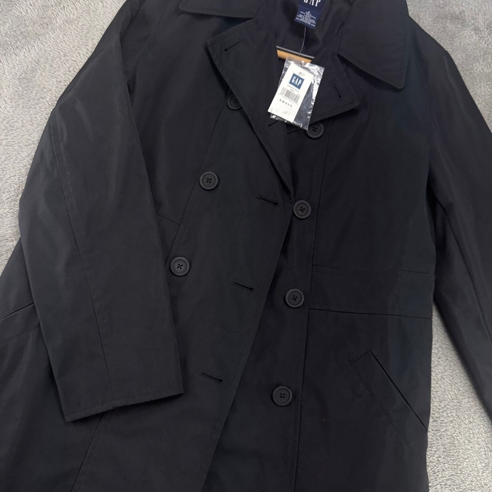 Gap Mens Small‎ Black Double Breasted Trench Coat Lined 123442-01-1 NWT
